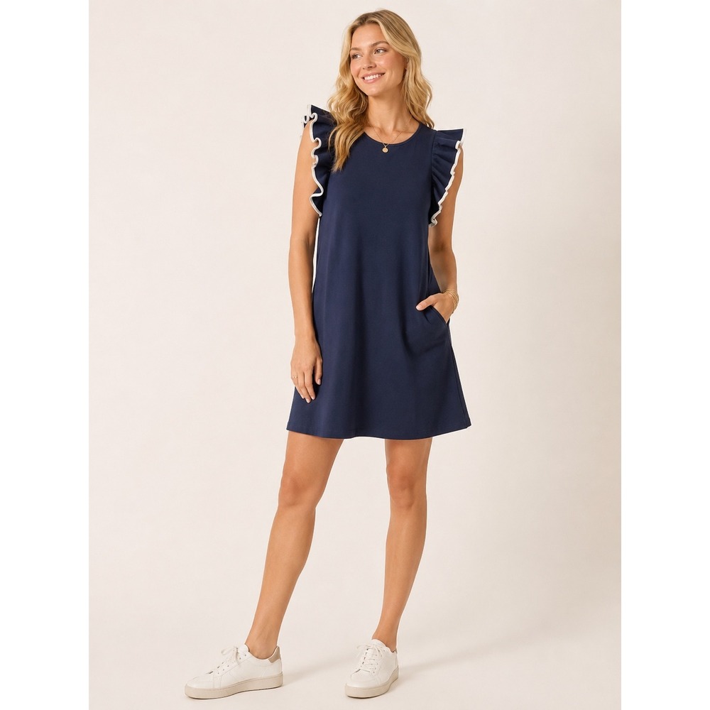 Duffield Lane Navy Blue Ruffle Shoulder Shift Dress with White Trim Small